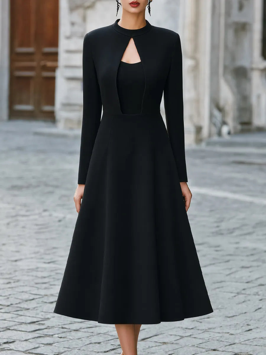 Keyhole Cutout Mock-Neck Flare Midi Dress