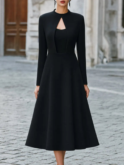 Keyhole Cutout Mock-Neck Flare Midi Dress
