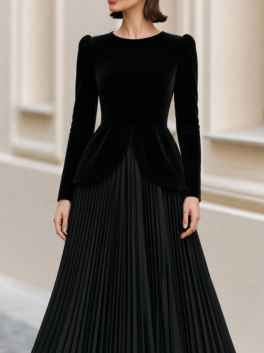 Formal Evening Round Neck  Velvet Peplum Top Pleated Midi Skirt Dress