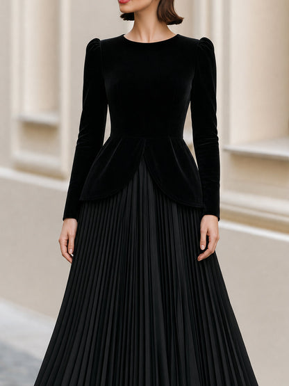 Formal Evening Round Neck  Velvet Peplum Top Pleated Midi Skirt Dress