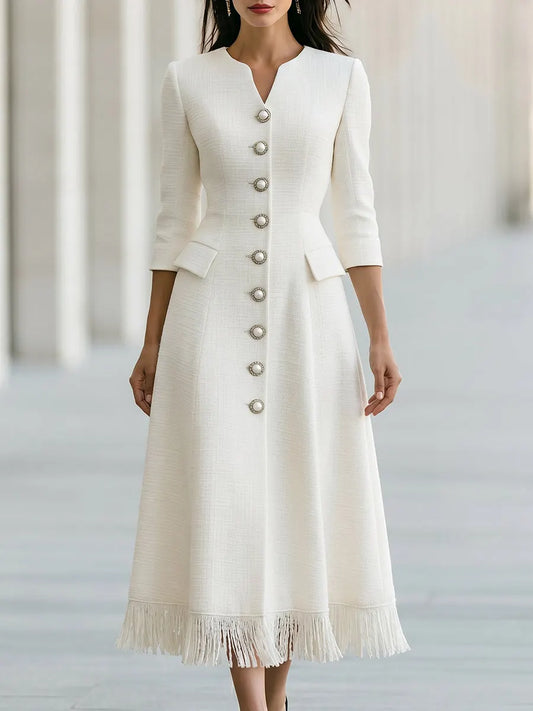 Fringe Hem Pearl Button A-Line Midi Dress