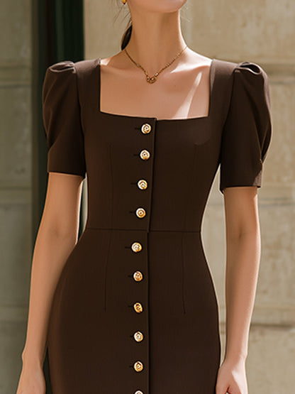 Square-Neck Double-Breasted Tailored Midi Dress