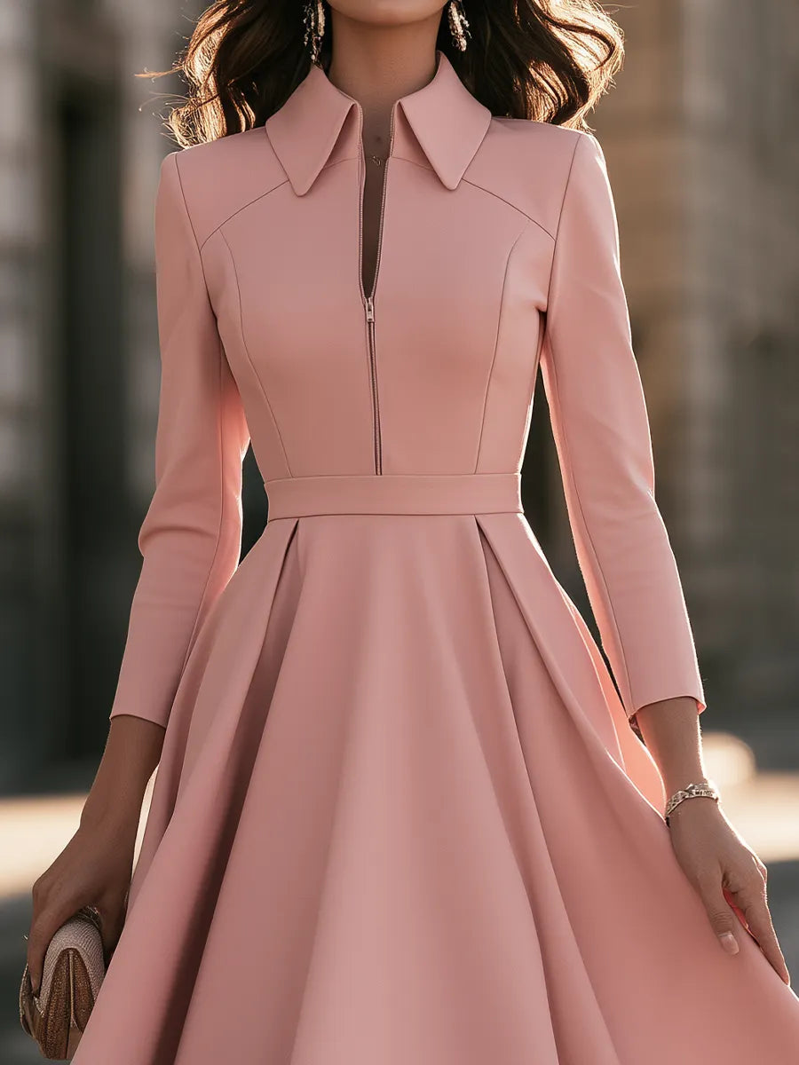 Zip-Front Collared Maxi Dress With Full Skirt