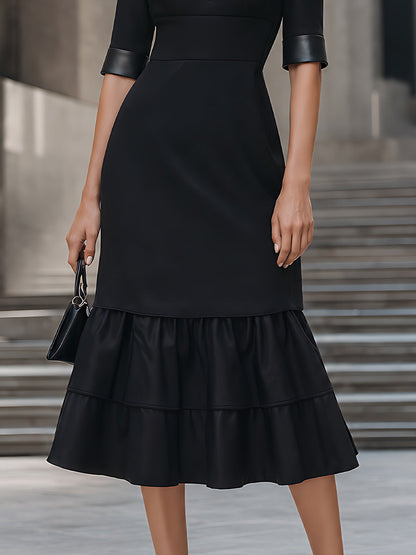 Leather-Trim V-Neck Tiered Midi Dress