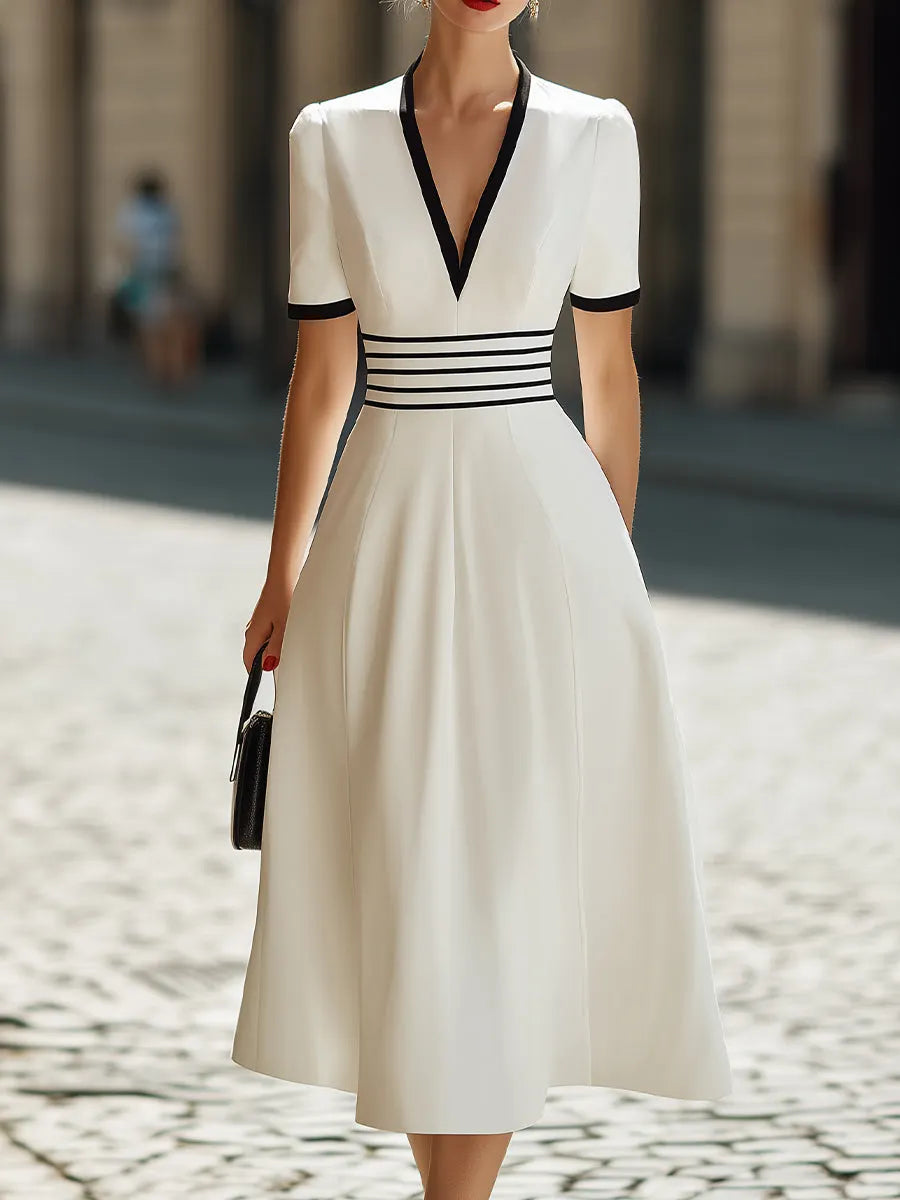 Deep V-Neck Black Trim Short-Sleeve A-Line Midi Dress