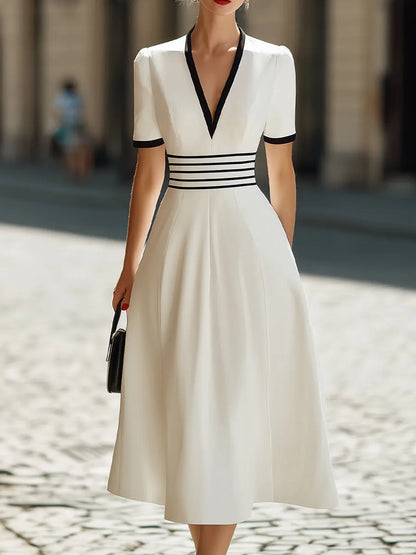 Deep V-Neck Black Trim Short-Sleeve A-Line Midi Dress