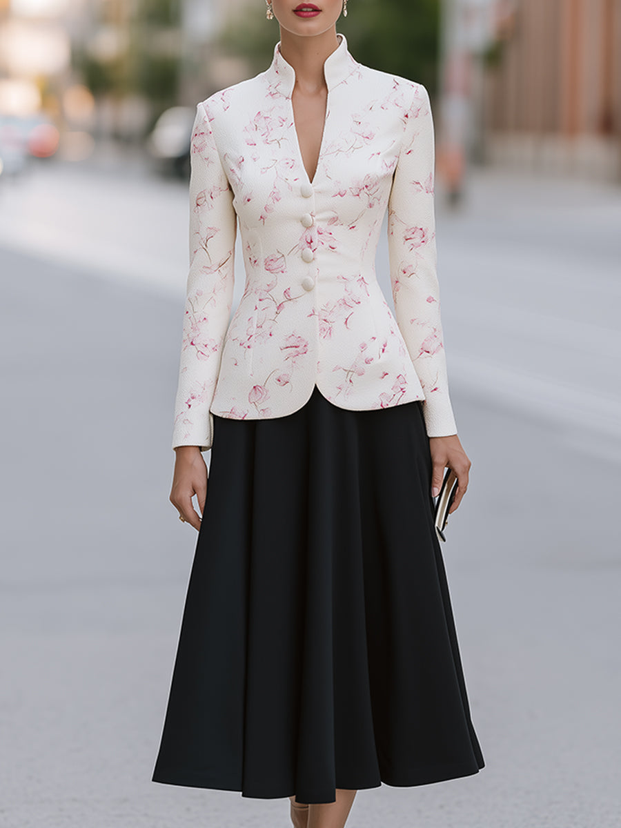 Floral Stand-Collar Jacket And A-Line Midi Skirt Set