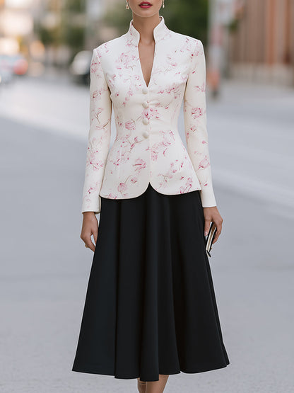 Floral Stand-Collar Jacket And A-Line Midi Skirt Set