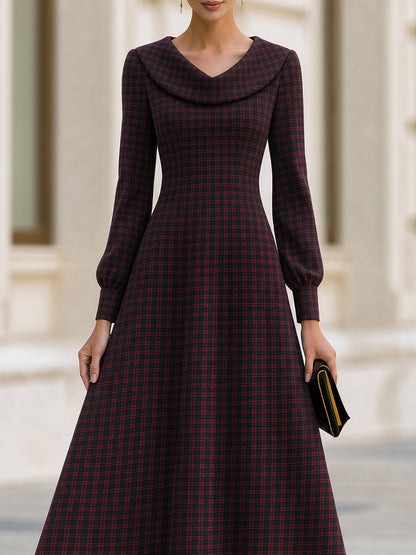 Plaid Cowl Collar Fit‐and‐Flare Midi Dress