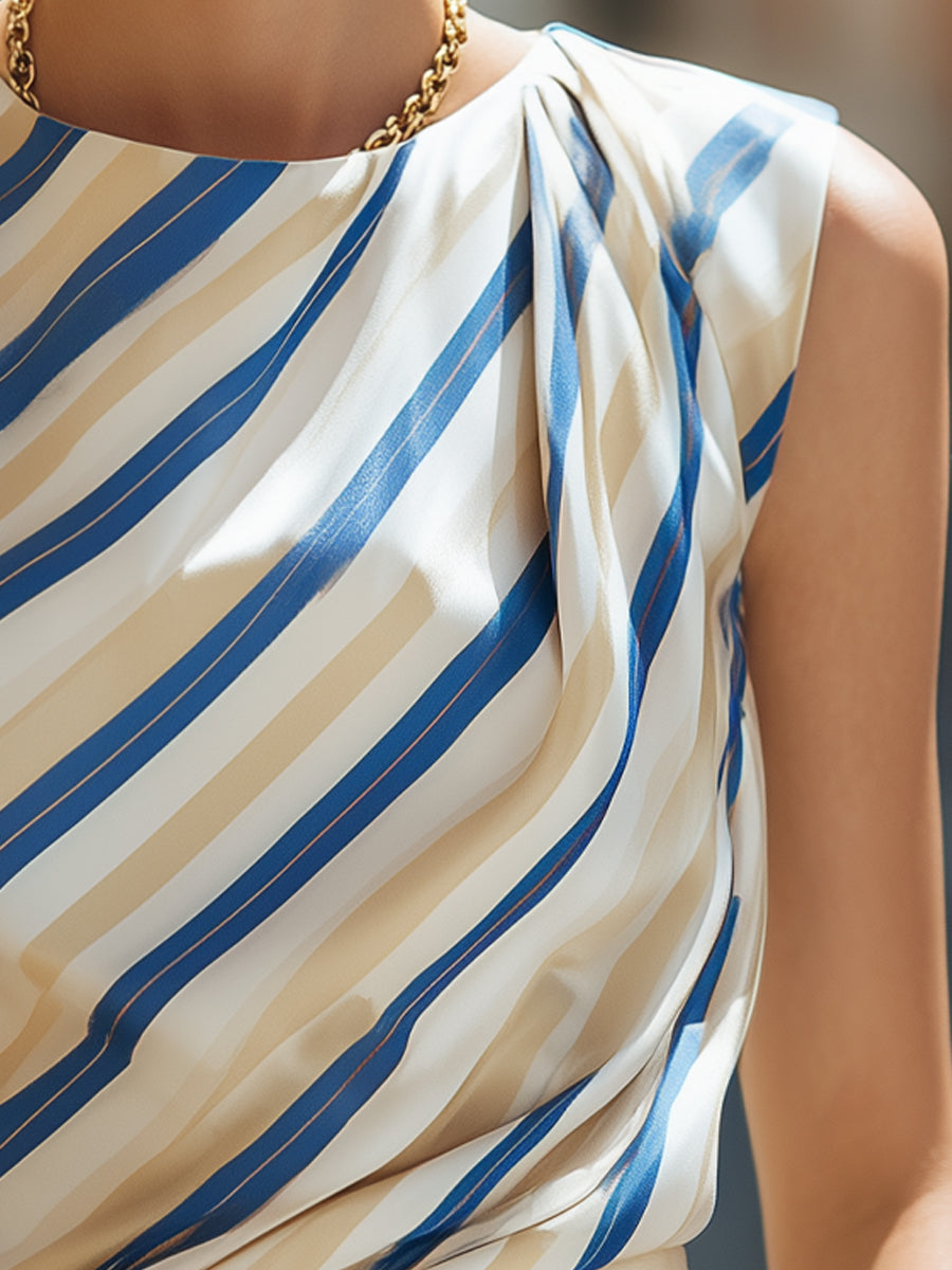 Asymmetric Draped Diagonal Striped Sleeveless Top
