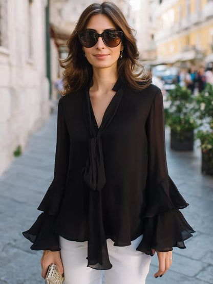 Tie-Neck Ruffle-Sleeve Flared Blouse