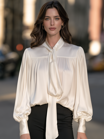 Tie-Neck Yoke-Gathered Balloon Sleeve Satin Blouse