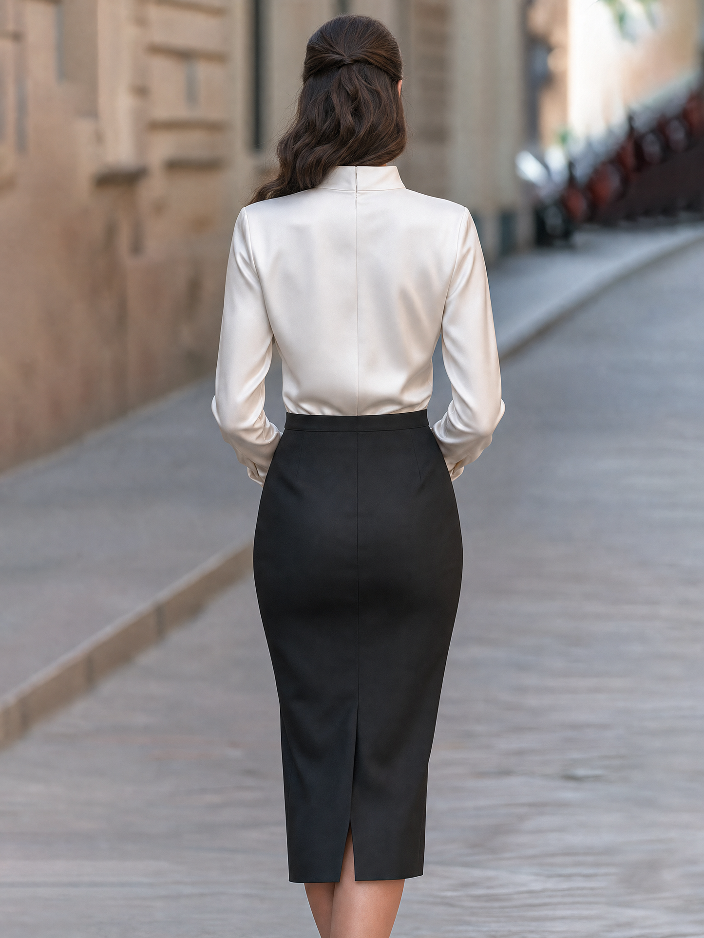 Ivory Satin Asymmetric Draped Blouse And Black Pencil Skirt Set