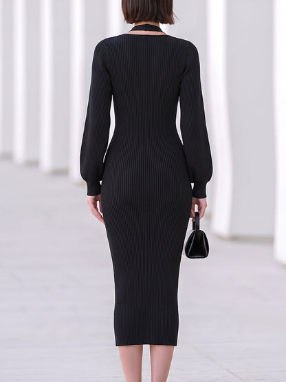 Halter Neck V-Neck Ribbed Knit Midi Dress