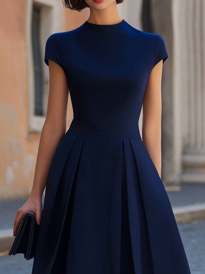 Navy Blue High Neck Cap Sleeve Inverted Pleat A-Line Midi Dress