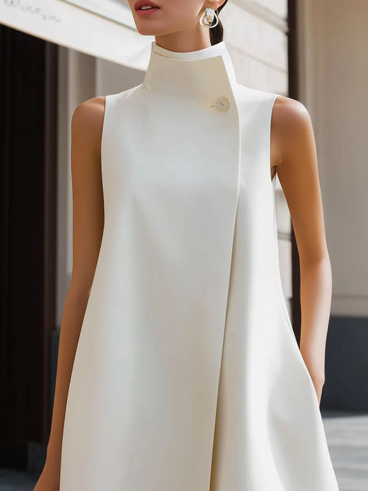 Asymmetric High-Neck Flowing A-Line Maxi Dress