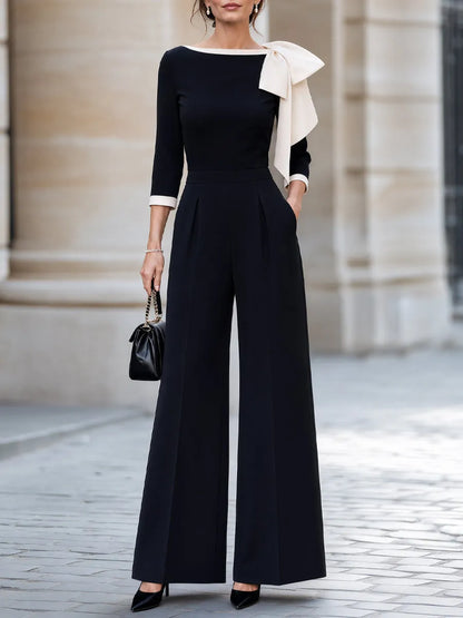 Contrast Bow-Trim Wide-Leg Structured Jumpsuit
