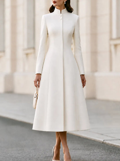 Stand‐Collared Button‐Front Fit‐and‐Flare Midi Coat‐Dress
