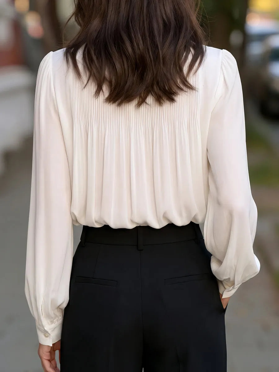 Pleated Mock Neck Long Sleeve Blouse