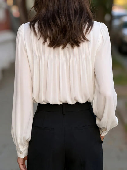 Pleated Mock Neck Long Sleeve Blouse