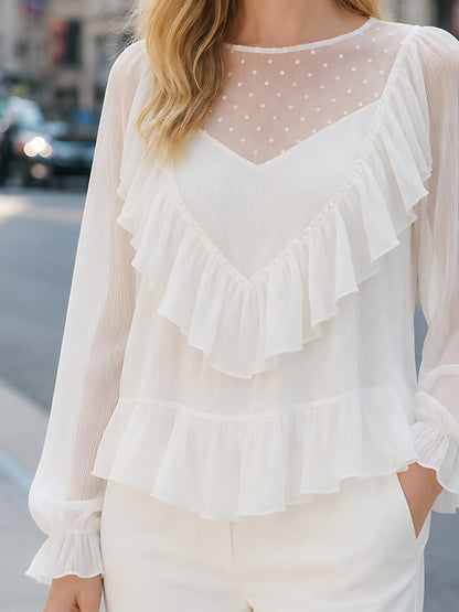 Dot-Jacquard Chiffon Ruffle Blouse