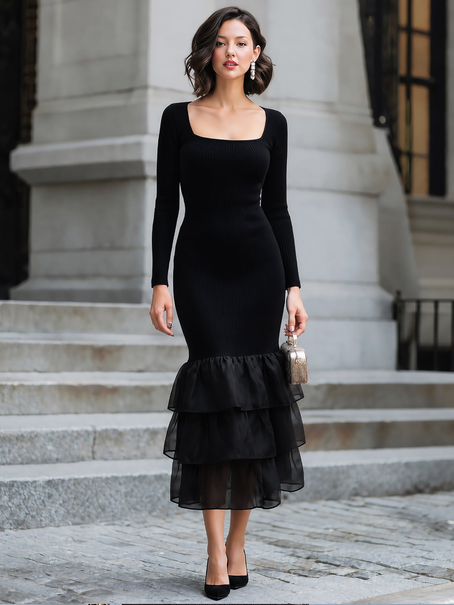 Ribbed Knit Organza Ruffle Bodycon Midi Dress