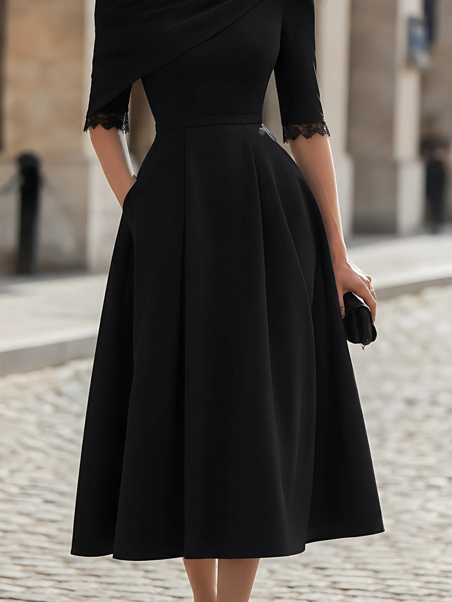 Lace-Cuff Draped-Collar Midi Dress