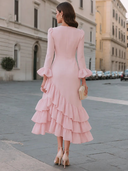 Button-Front Ruffle-Hem Midi Dress With Flounce Sleeves