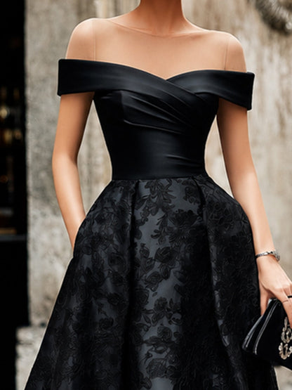 Elegant Off-the-Shoulder Wrap Bodice Floral Jacquard Formal Dress