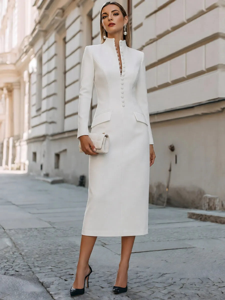 High-Neck Button-Front Pencil Midi Dress