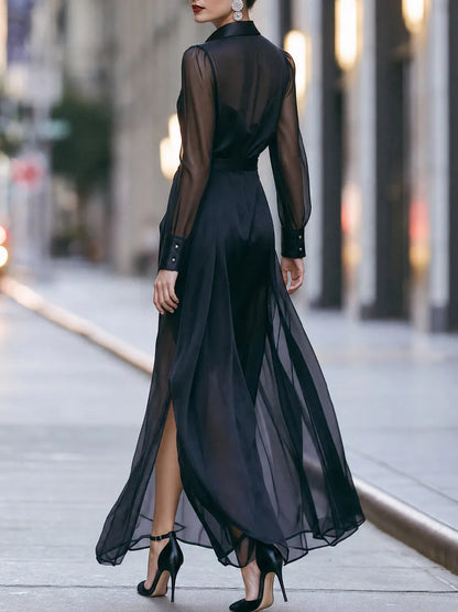 Sheer And Satin Button-Up Shirt Maxi Dress