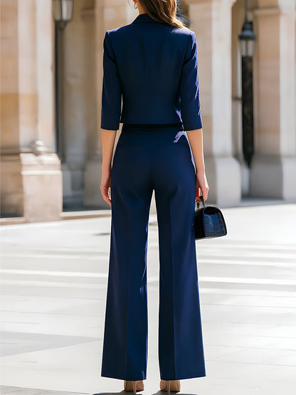 Mandarin-Collar Cropped Blazer & High-Waisted Wide-Leg Trousers Two-Piece Suit