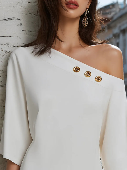 Asymmetrical Relaxed One-Shoulder Button Detail Mini Dress