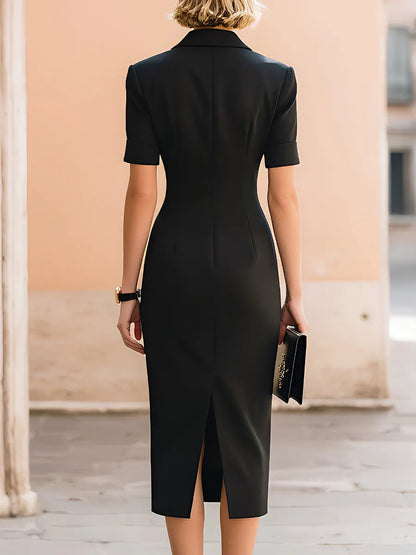 Black Short-Sleeve Blazer-Style Midi Pencil Dress