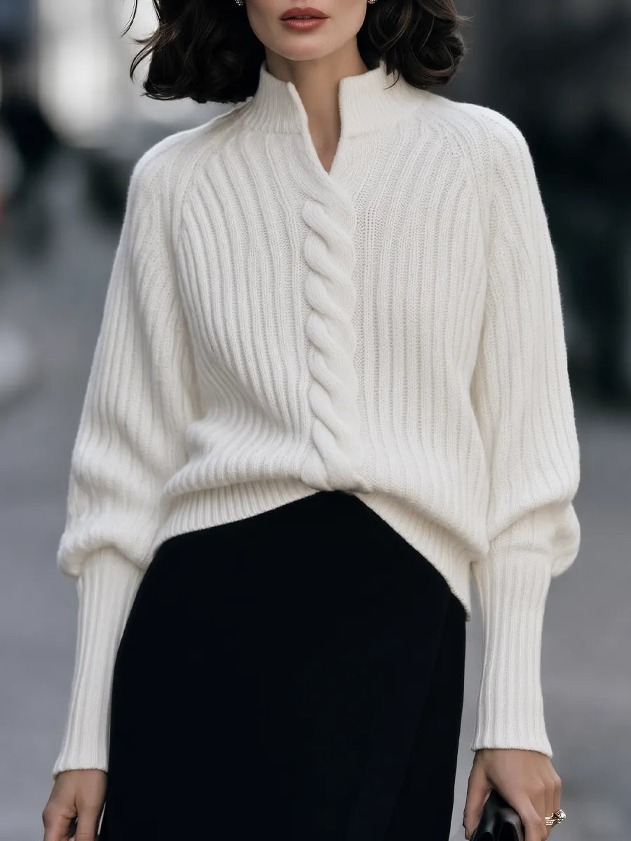 Split Mock-Neck Cable-Front Ribbed Raglan Knit Sweater