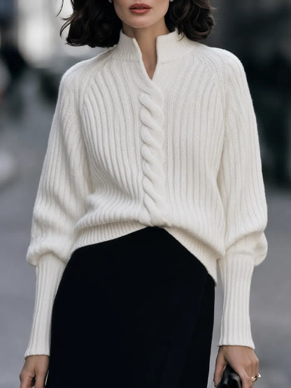 Split Mock-Neck Cable-Front Ribbed Raglan Knit Sweater