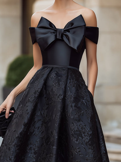 Vintage Jacquard Off-the-Shoulder Bow Formal Midi Gown