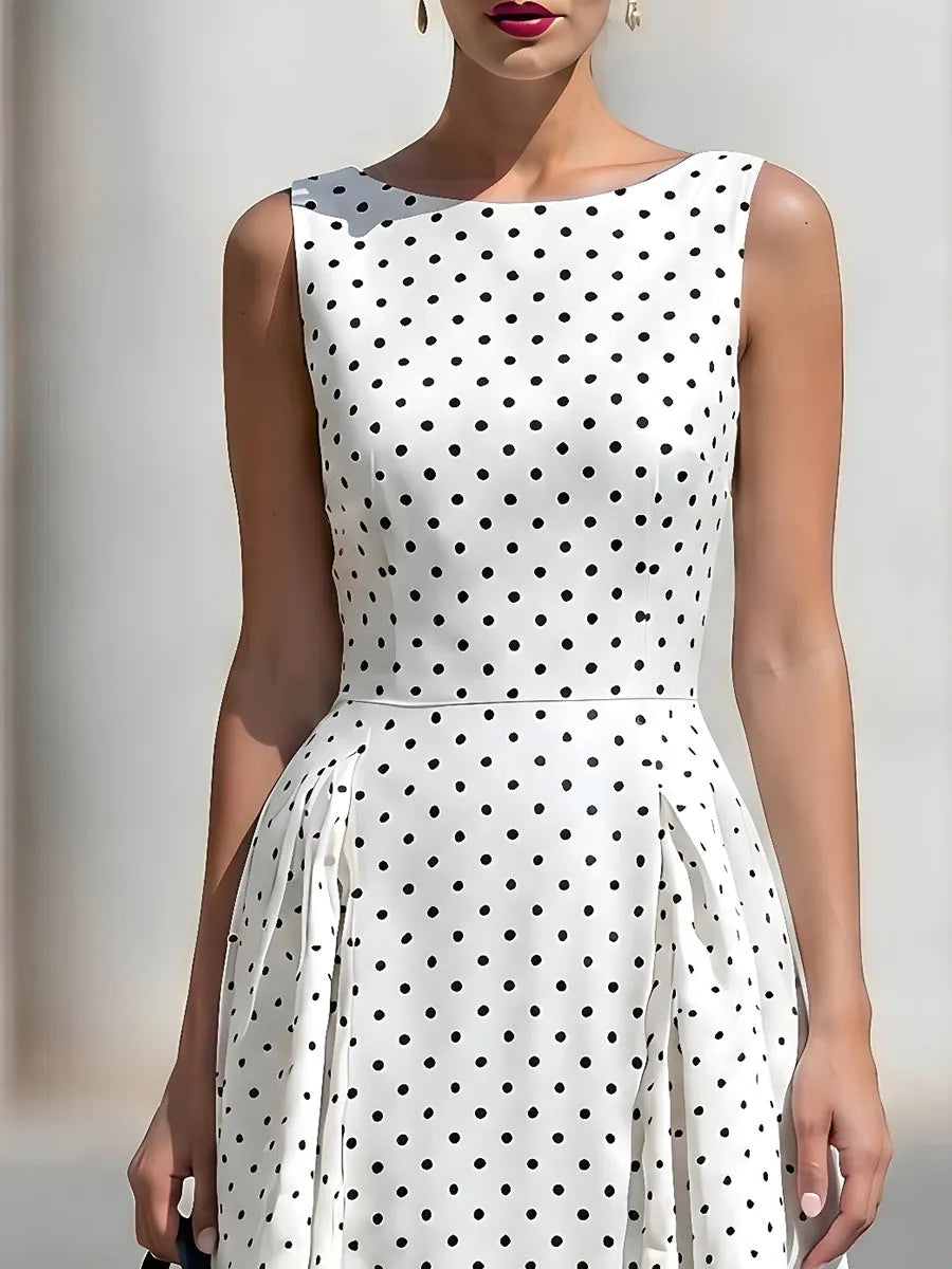 Sleeveless Boat Neck Polka Dot Fit-and-Flare Midi Dress