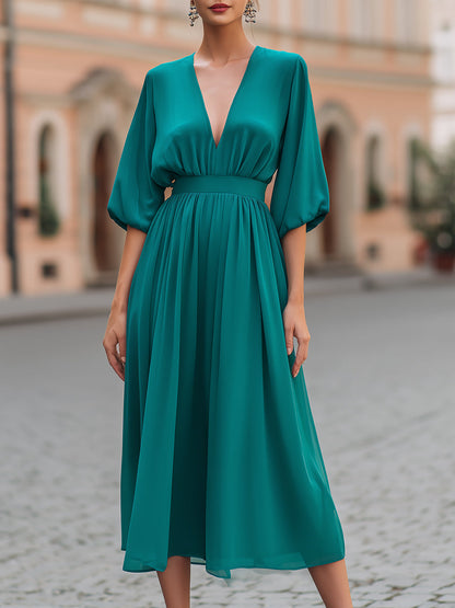 Deep V-Neck Gathered Waist Flowing Midi Dress