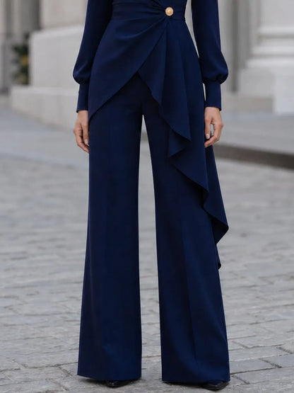 Stand Collar Wrap Ruffle Blazer & Wide Leg Pants Two Piece Suit