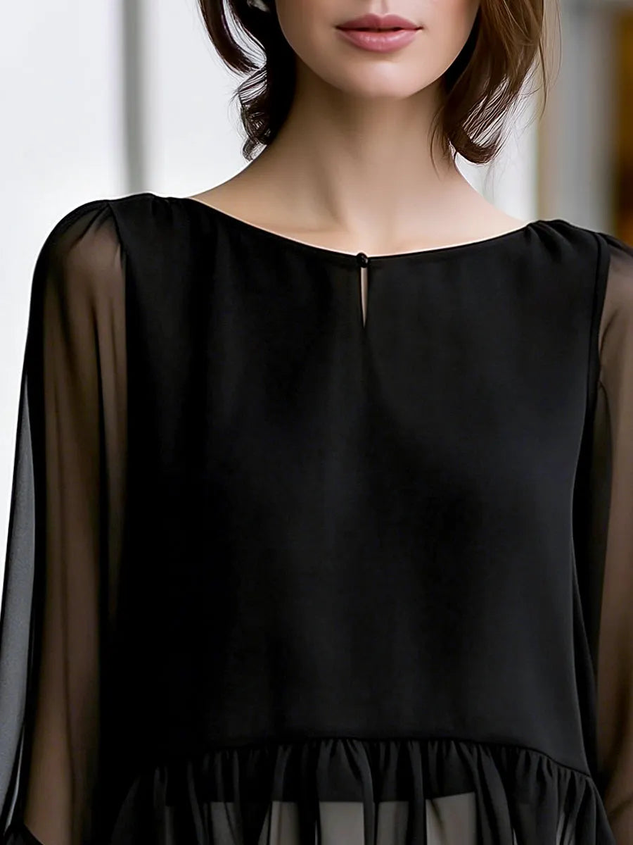 Boat Neckline Chiffon Peplum Ruffle Blouse