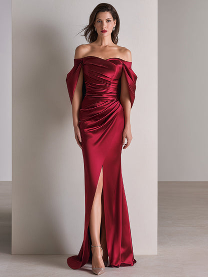 Off-Shoulder Draped Sleeve Ruched Satin Evening Gown