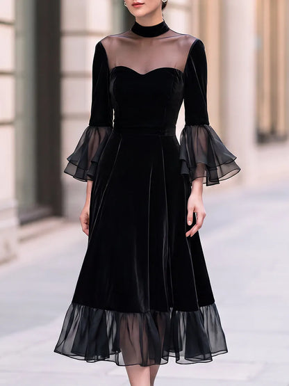 Sheer-Yoke Velvet Ruffle Midi Dress