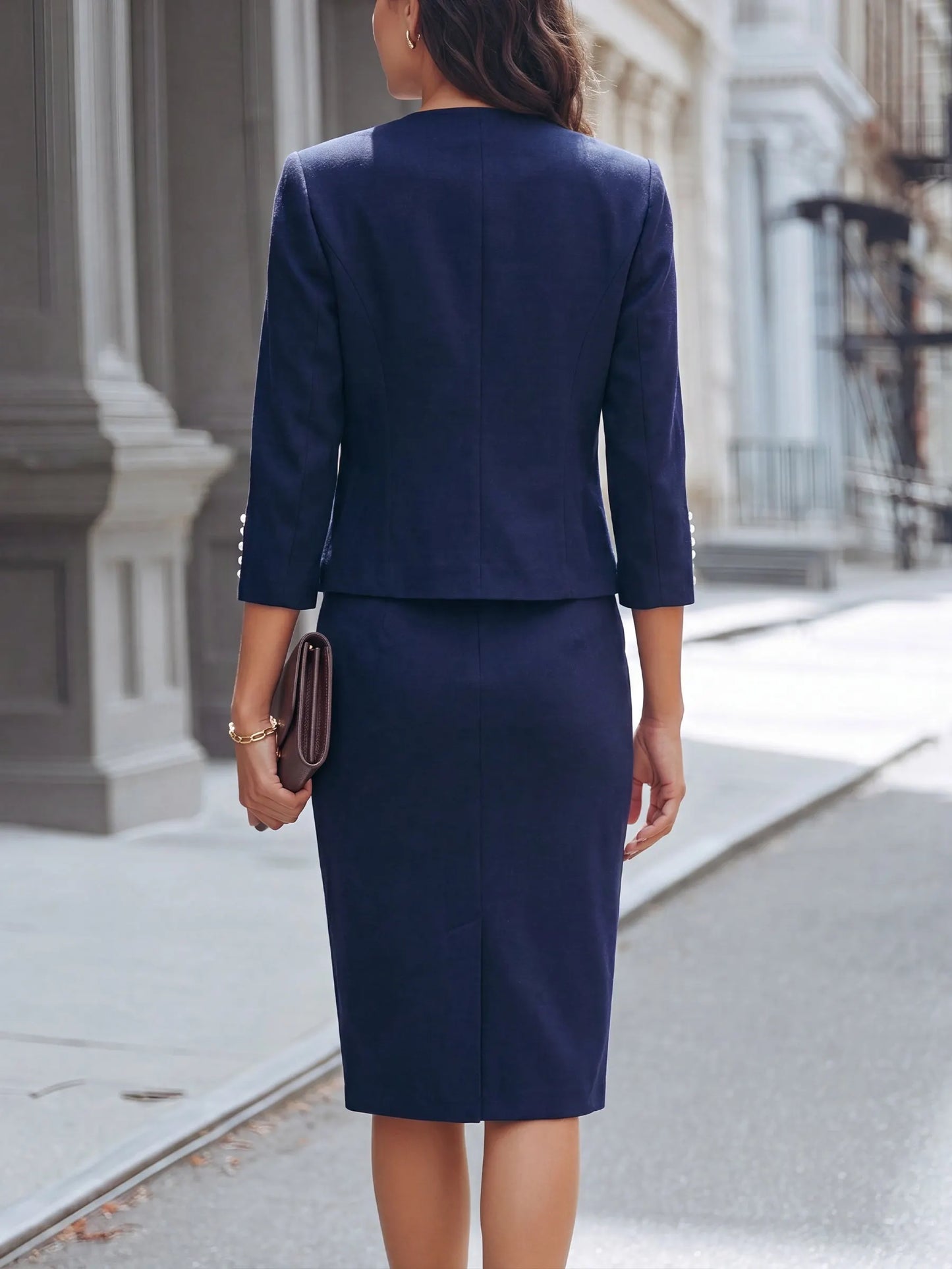 Pearl Button Cropped Jacket & Pencil Dress Tailored Set