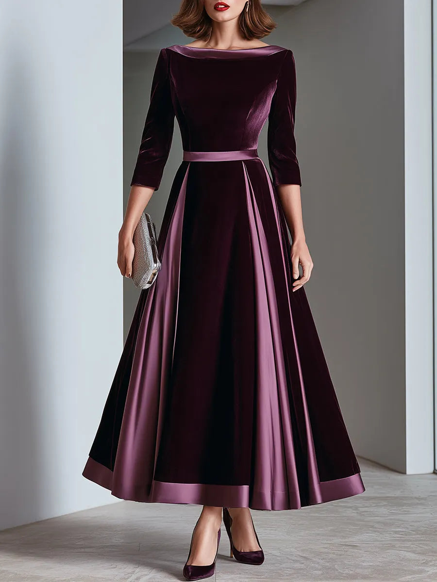 Satin Trim Bateau Neck Velvet A-Line Midi Dress