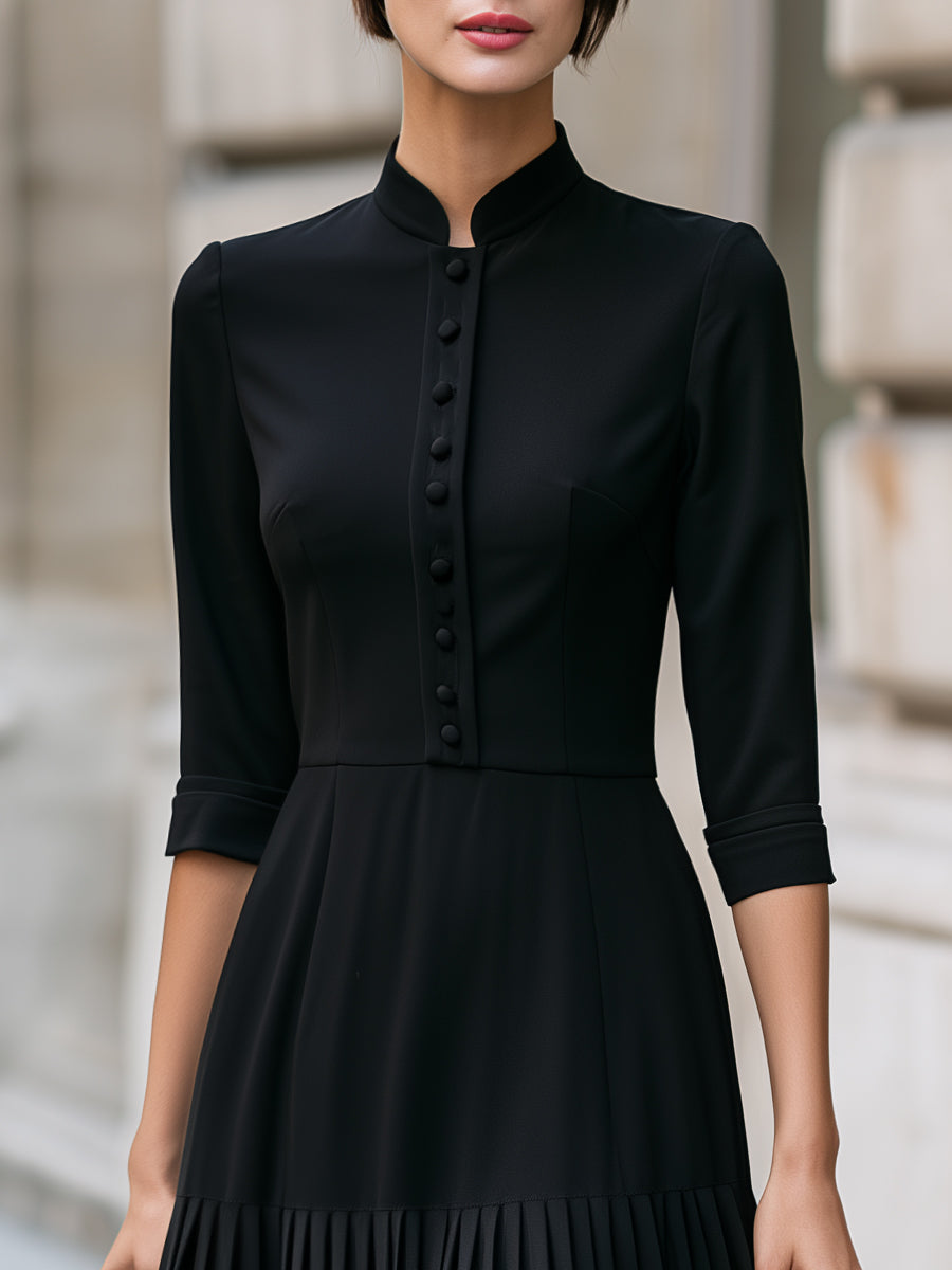 Mandarin Collar Decorative Buttons Pleated Midi Dress