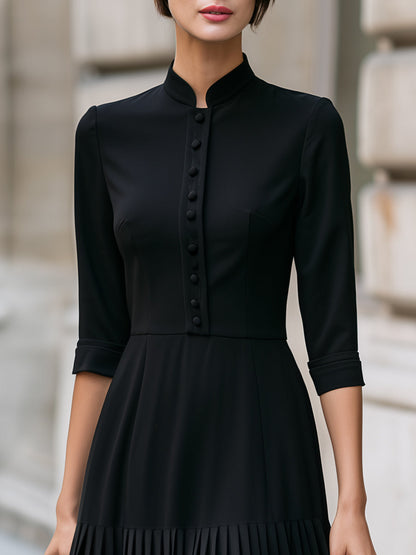 Mandarin Collar Decorative Buttons Pleated Midi Dress