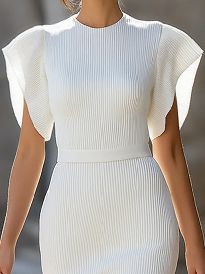 White Pleated Cap-Sleeve Midi Dress