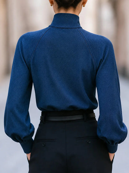 High-Neck Bishop Sleeve Denim Blouse