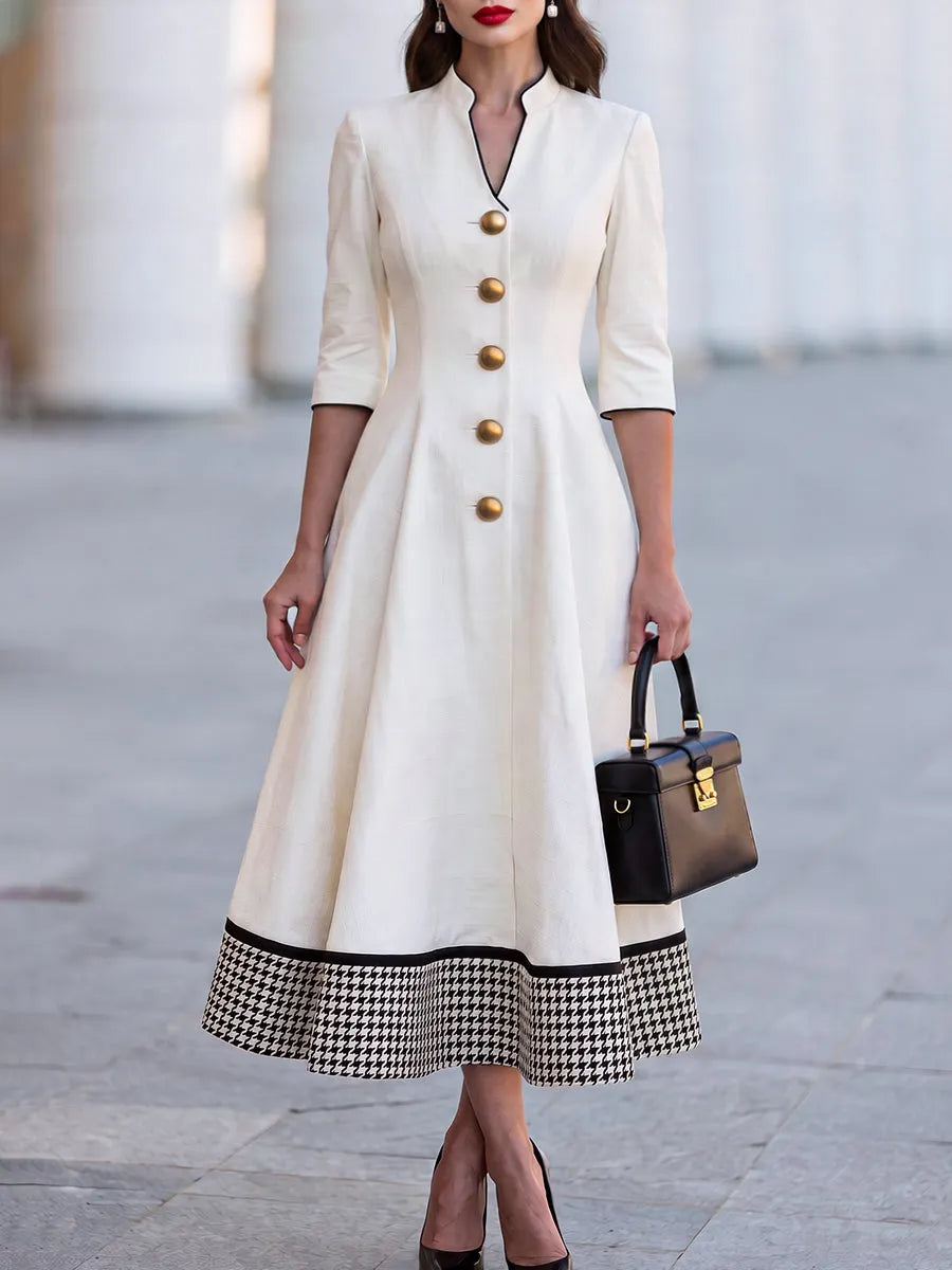 Contrast-Hem Button-Front A-Line Midi Dress